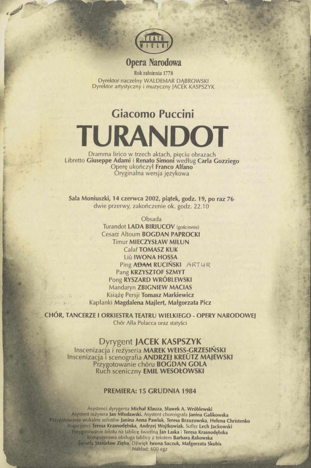 Wkładka obsadowa „Turandot” Giacomo Puccini 14-06-2002