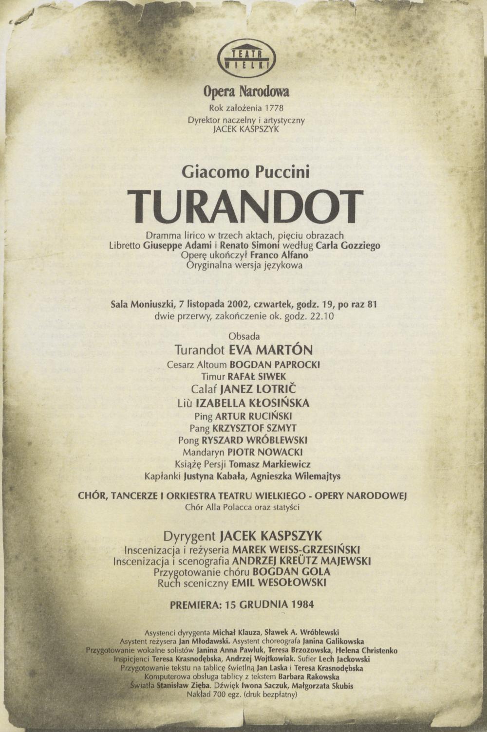 Wkładka obsadowa- „Turandot” Giacomo Puccini 07-11-2002