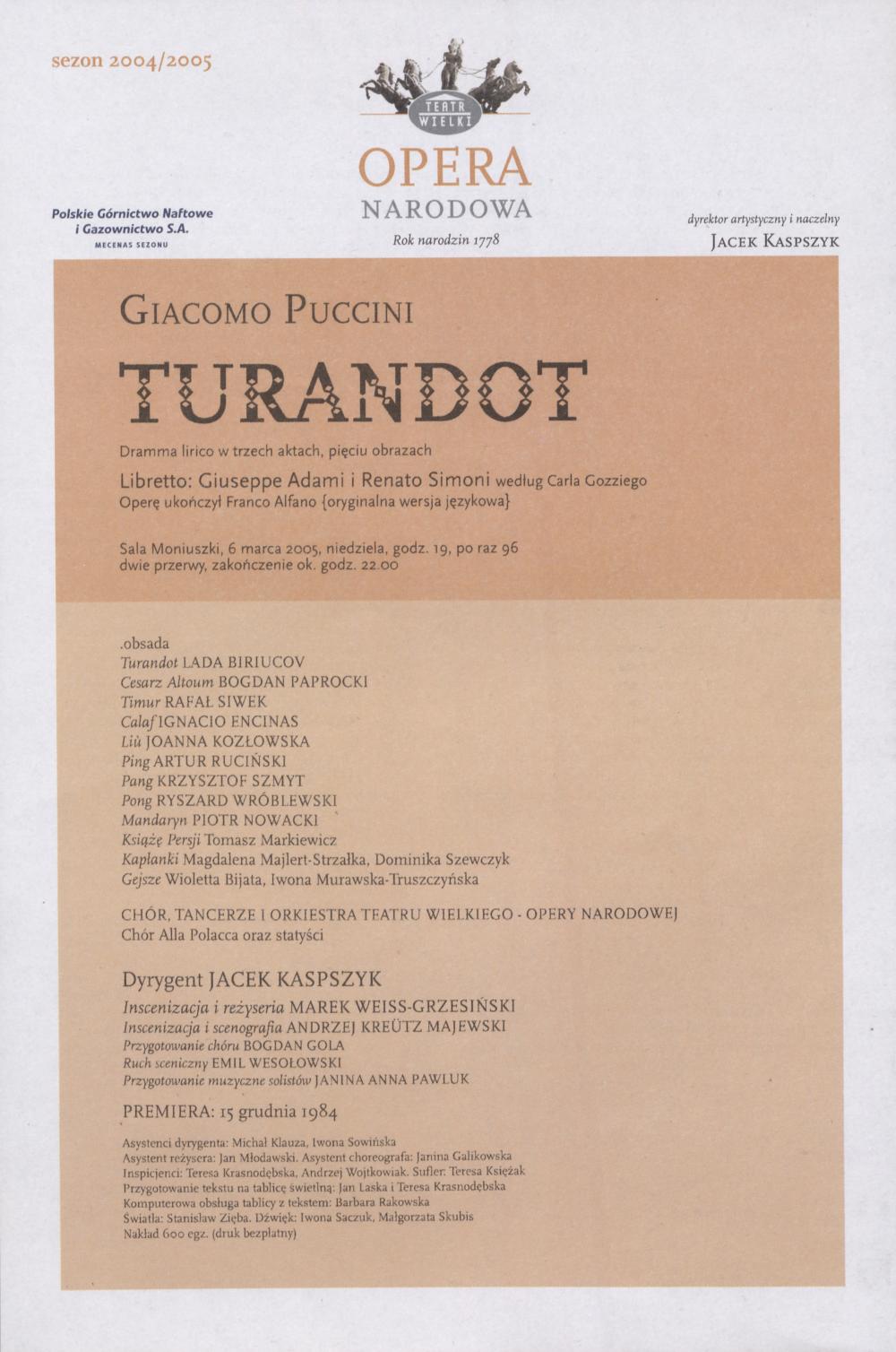 Wkładka obsadowa „Turandot” Giacomo Puccini 06-03-2005