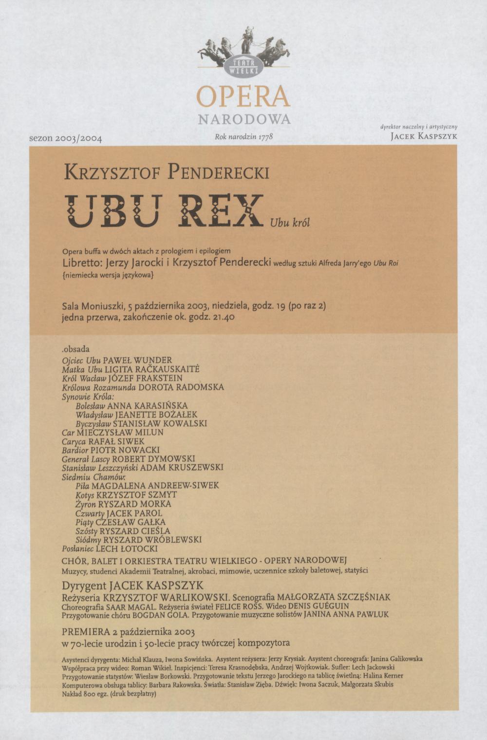 Wkładka obsadowa „Ubu Rex” Krzysztof Penderecki 5-10-2003