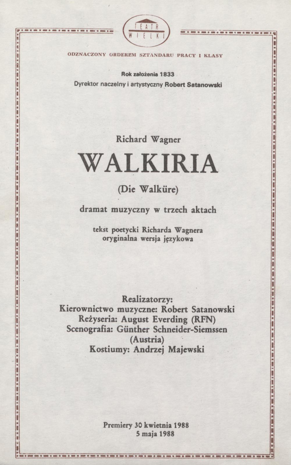 Wkładka obsadowa „Walkiria” Richard Wagner 05-05-1988