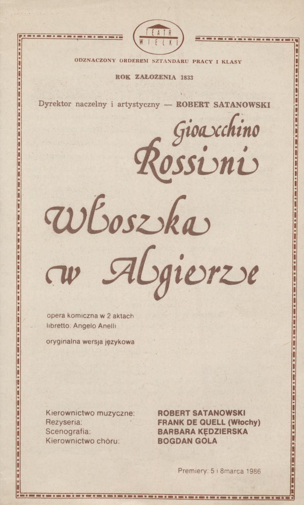 Wkładka premierowa „Włoszka w Algierze” Gioachino Rossini 05-03-1986