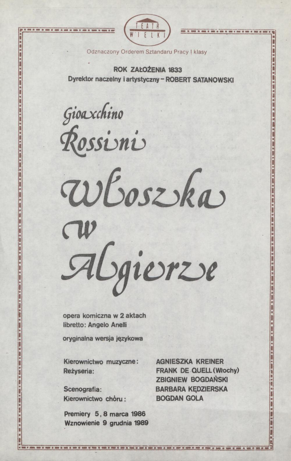 Wkładka obsadowa „Włoszka w Algierze” Gioachino Rossini 06-05-1990