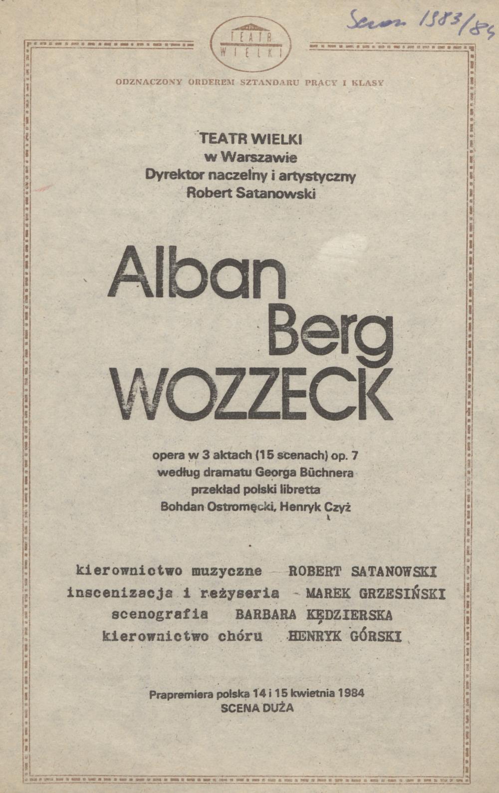 Wkładka obsadowa „Wozzeck” Alban Berg 09-05-1984
