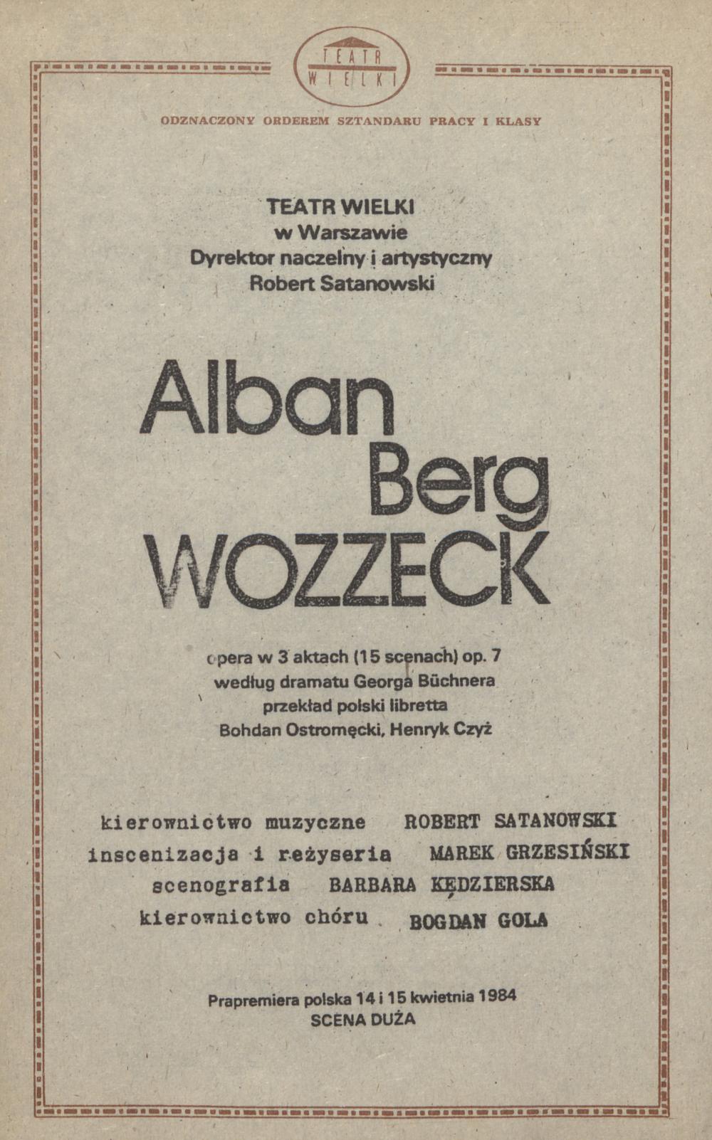 Wkładka obsadowa „Wozzeck” Alban Berg 26-04-1985