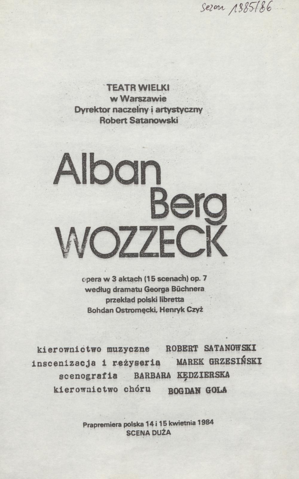 Wkładka obsadowa „Wozzeck” Alban Berg 21-09-1985