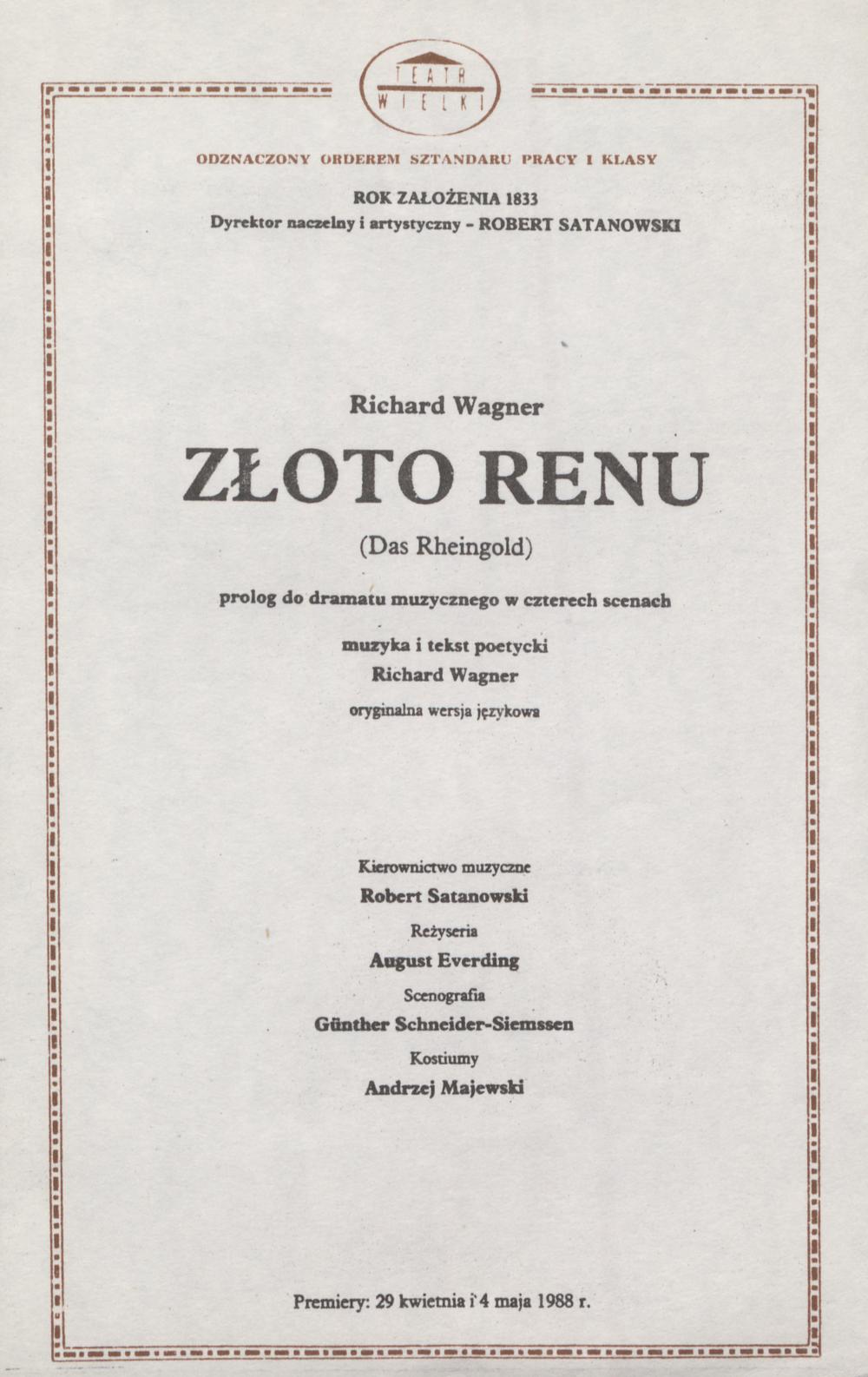 Wkładka premierowa II „Złoto Renu” (Das Rheingold) Richard Wagner 04-05-1988