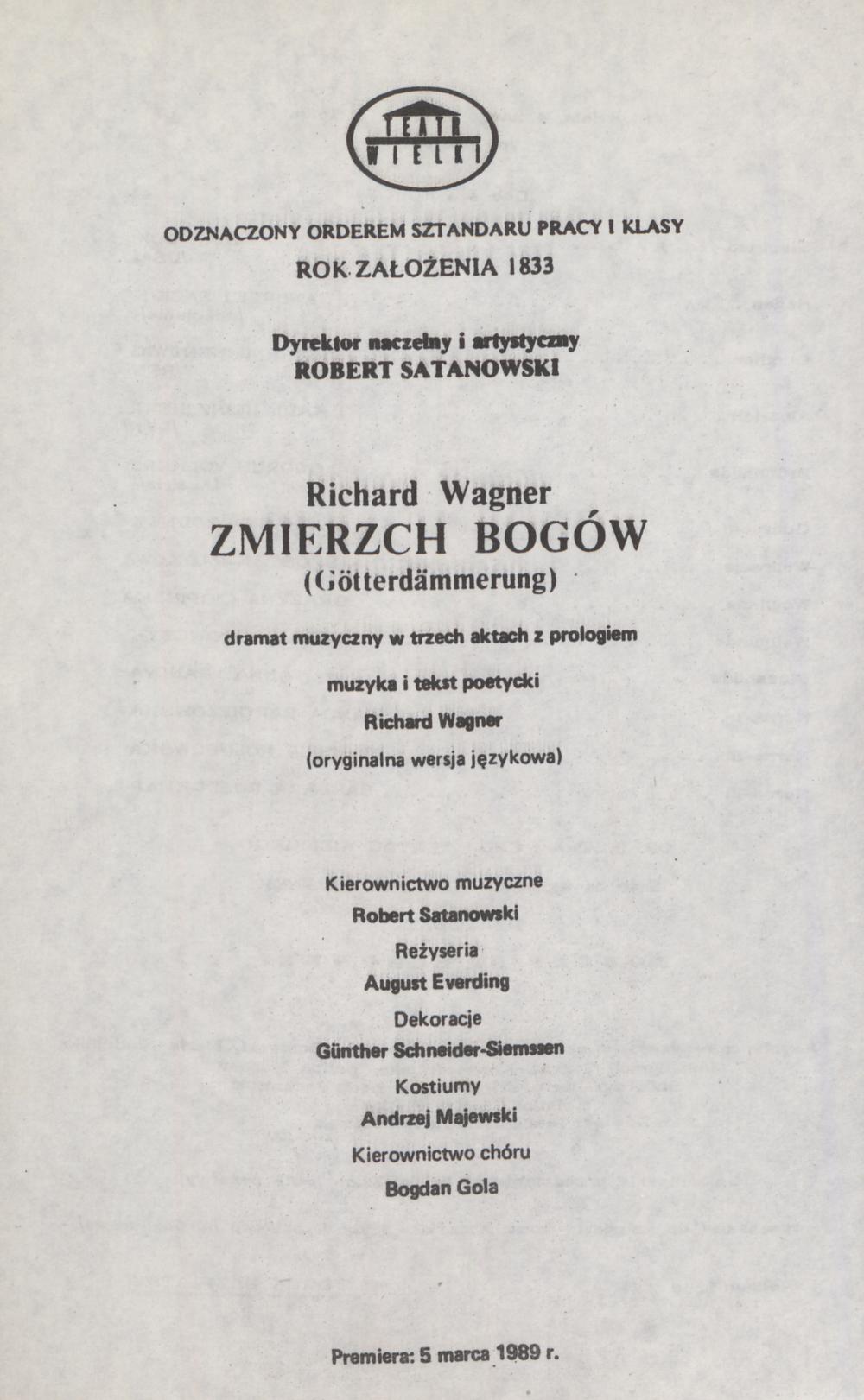 Wkładka obsadowa „Zmierzch bogów” (Götterdämmerung) Richard Wagner 04-02-1990