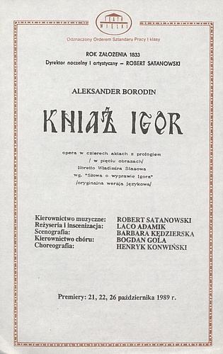 Wkładka obsadowa „Kniaź Igor” Aleksander Borodin 24-10-1989