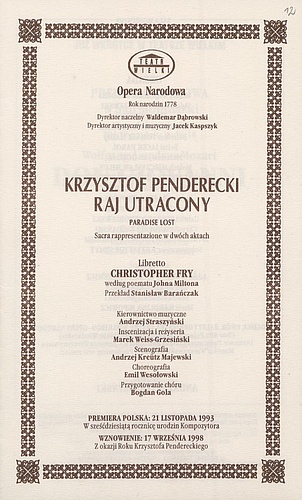 Wkładka obsadowa „Raj Utracony” Krzysztof Penderecki 28-11-1998