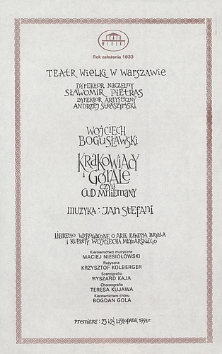 Wkładka Obsadowa.„Krakowiacy i Górale czyli Cud mniemany” Wojciech Bogusławski 23-11-1991 Premiera A