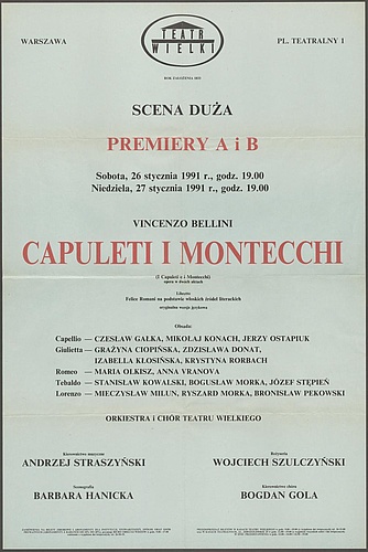 Afisz „Capuleti i Montecchi” Vincenzo Bellini 26-01-1991