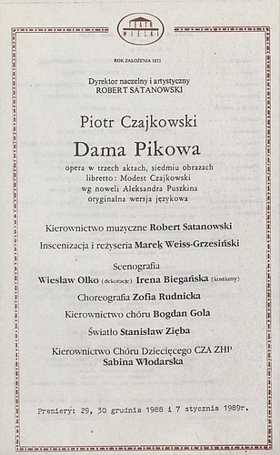 Wkładka obsadowa „Dama pikowa” Piotr Czajkowski 8-02-1989