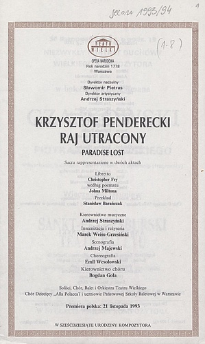 Wkładka obsadowa „Raj Utracony” Krzysztof Penderecki 21-11-1993 Sześćdziesiąte urodziny kompozytora