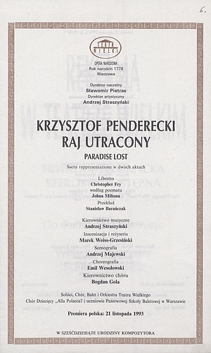 Wkładka obsadowa „Raj Utracony” Krzysztof Penderecki 22-01-1994