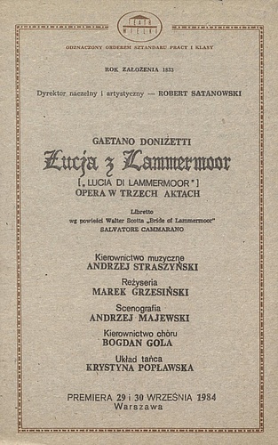 Wkładka Obsadowa "Łucja z Lammermoor" Gaetano Donizetti 03-07-1985 II Bałtyckie Spotkania Teatrów Operowych Opera Leśna w Sopocie