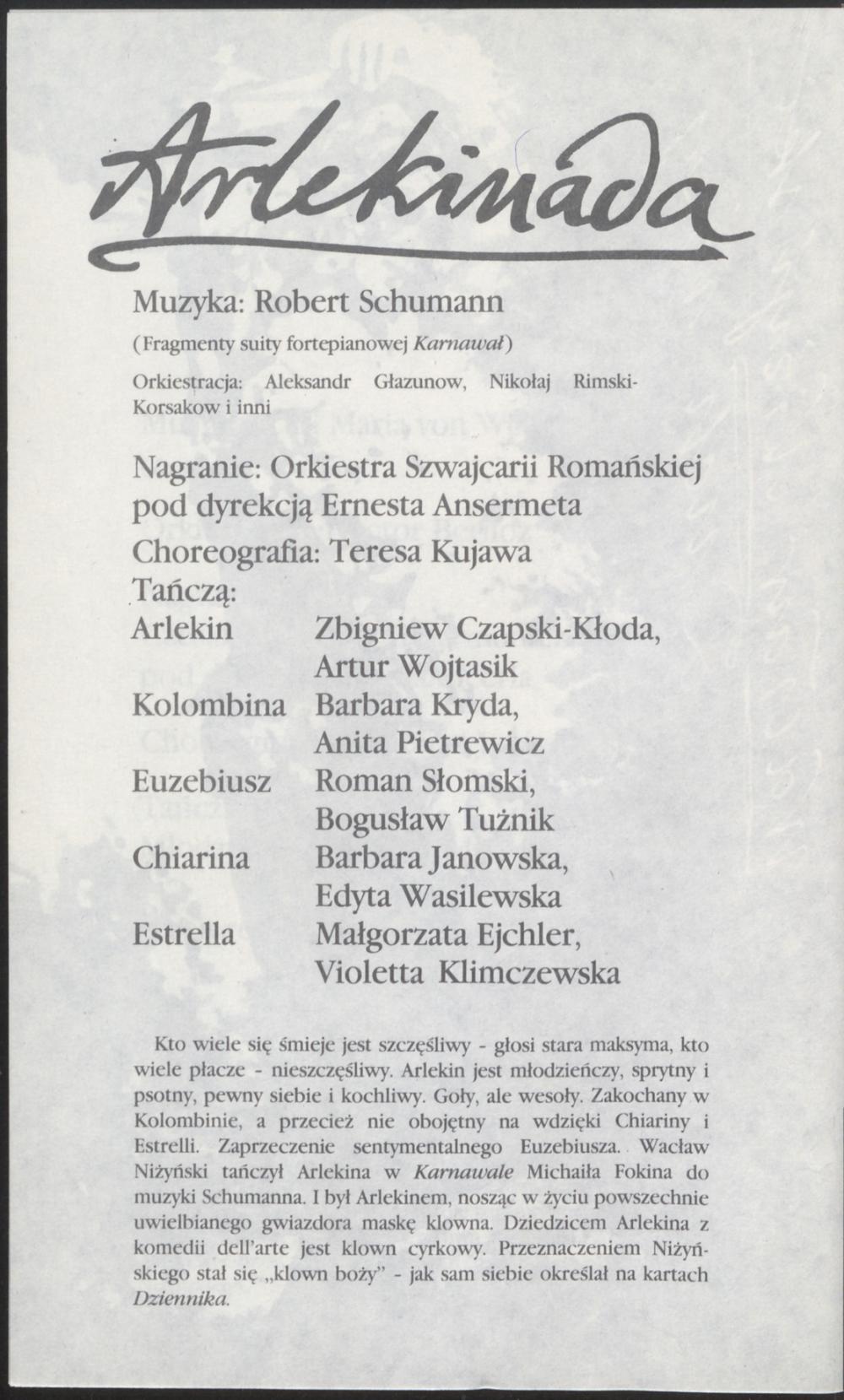 Program. „Arlekinada” Robert Schumann 1989-05-26