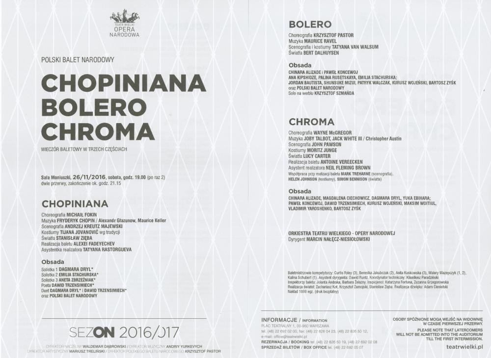 Wkładka obsadowa Wieczoru baletowego „Chopiniana, Bolero, Chroma”, 2016-11-26