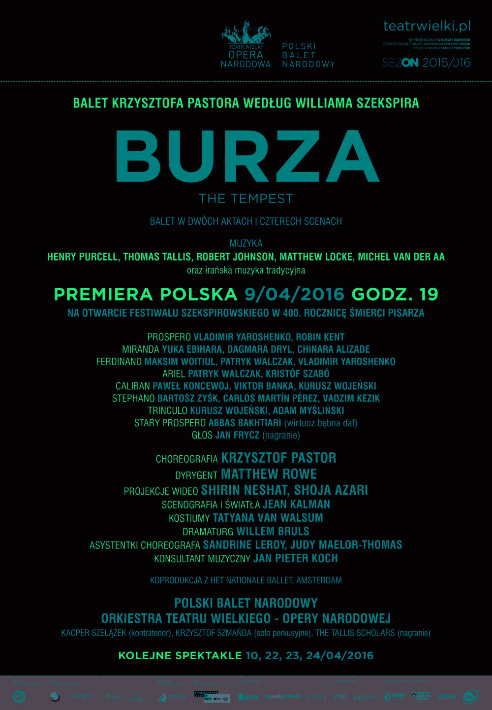 Afisz "Burza" Krzysztof Pastor według Williama Szekspira premiera polska 2016-04-09