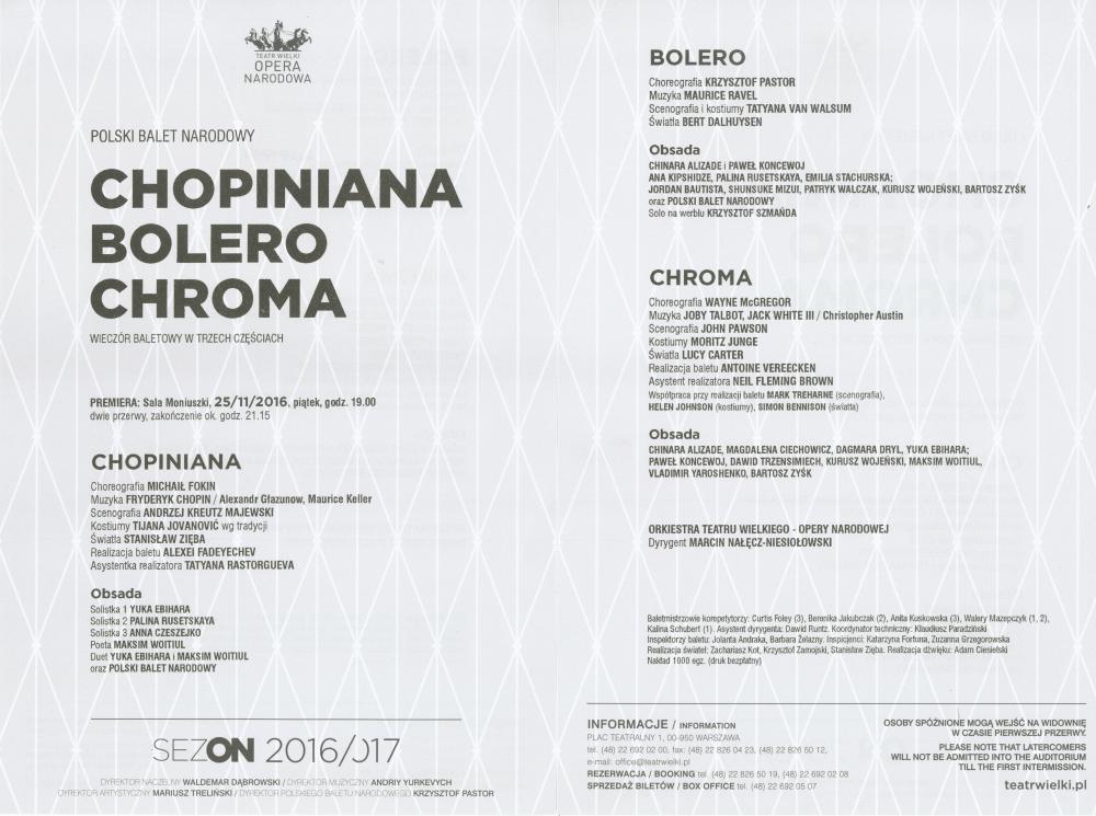Wkładka obsadowa Wieczoru baletowego „Chopiniana, Bolero, Chroma” premiera 2016-11-25