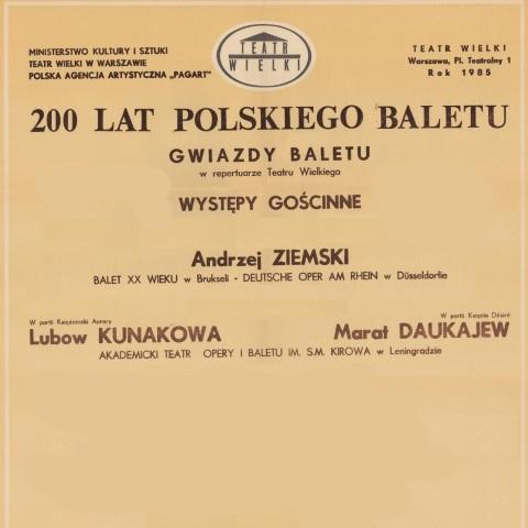 Afisz okolicznościowy. „200 Lat Polskiego Baletu” 1985-06-28