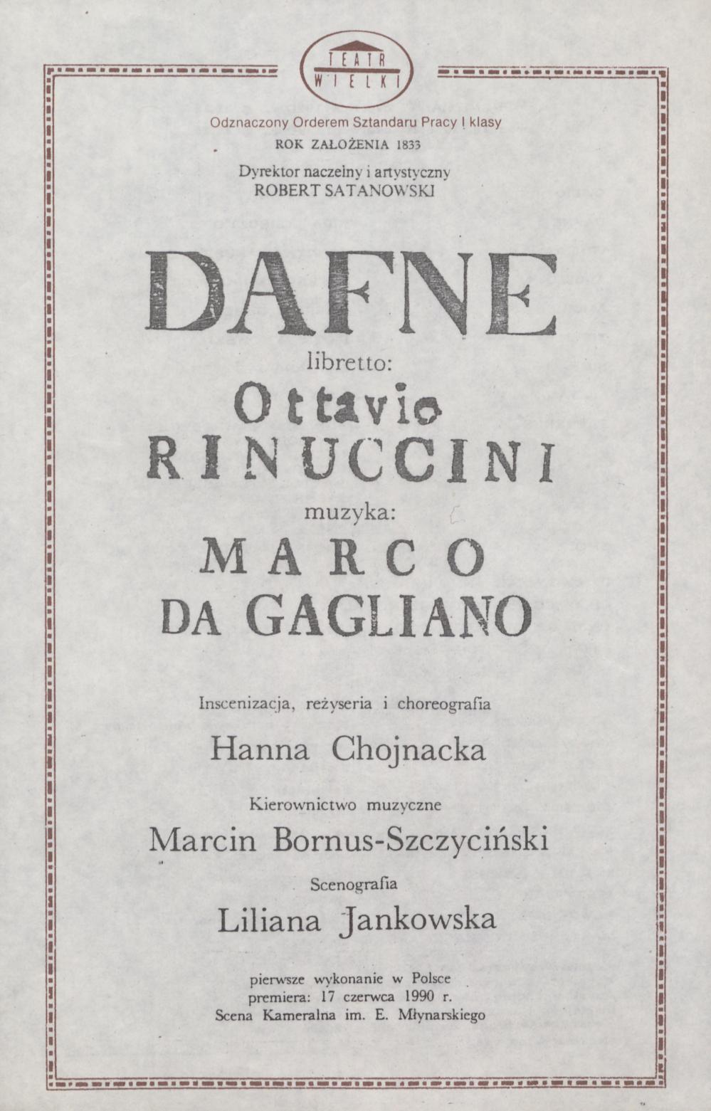 Wkładka Obsadowa. „Dafne” - Marco da Gagliano. 17-06-1990, 18-06-1990, 19-06-1990, 20-06-1990