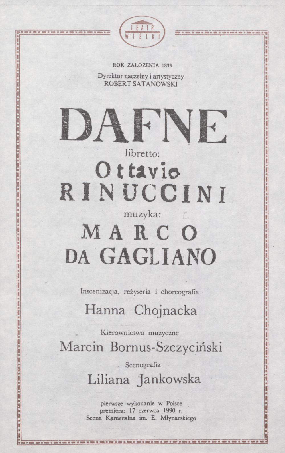 Wkładka Obsadowa „Dafne” Marco da Gagliano 02-12-1990, 03-12-1990, 04-12-1990