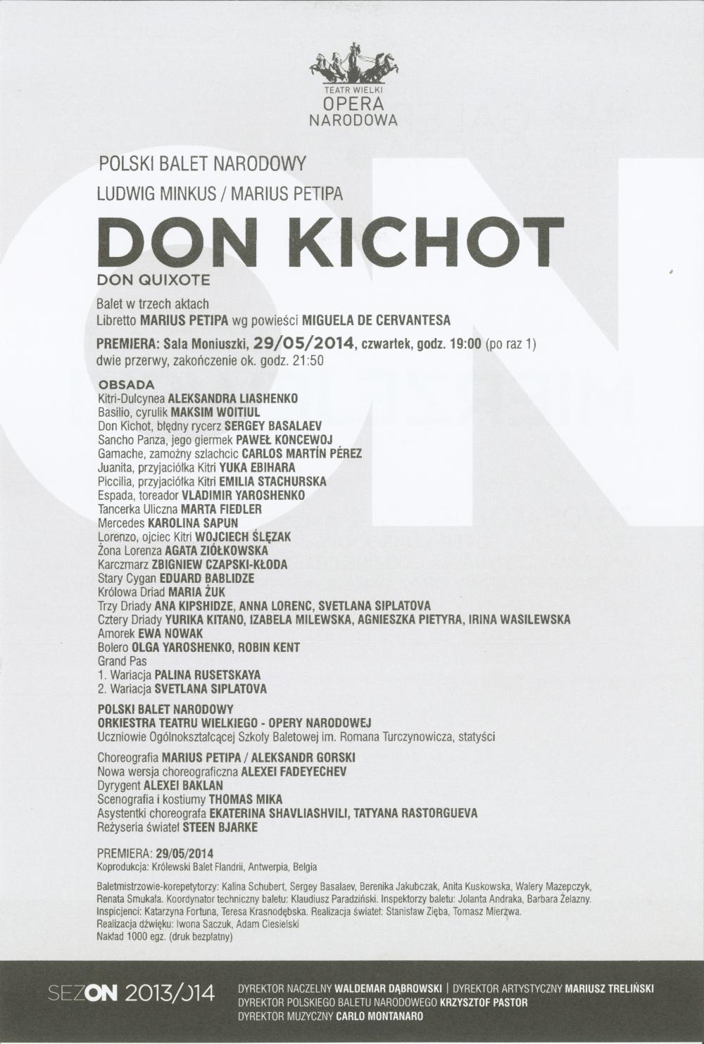 Wkładka obsadowa "Don Kichot" Ludwig Minkus / Marius Petipa premiera 2014-05-29