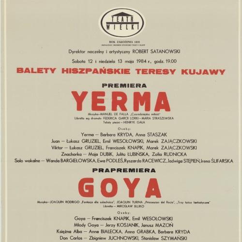 Afisz premierowy „Balety hiszpańskie Teresy Kujawy" Goya i Yerma 1984-05-12, 1984-05-13