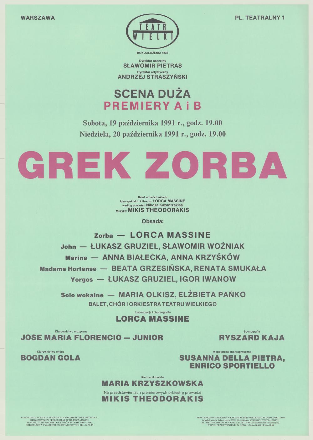Afisz premierowy. „Grek Zorba” Mikis Theodorakis 1991-10-19
