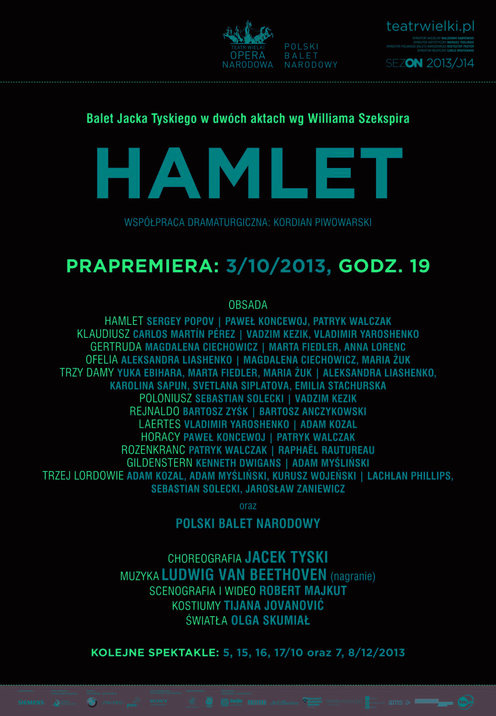 Afisz "Hamlet" Ludwig van Beethoven / Jacek Tyski według Williama Szekspira prapremiera 2013-10-03