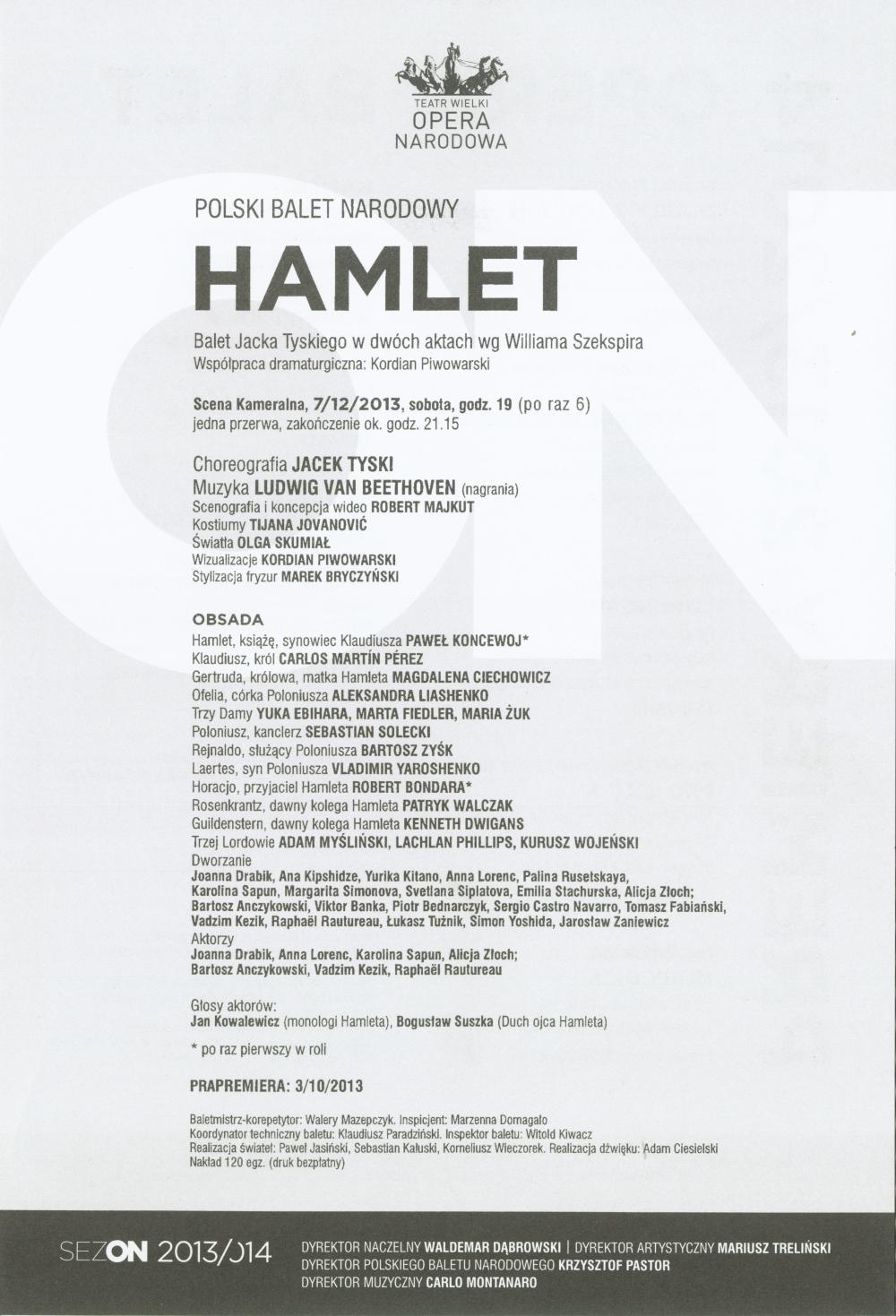 Wkładka obsadowa "Hamlet" Ludwig van Beethoven / Jacek Tyski według Williama Szekspira 2013-12-07