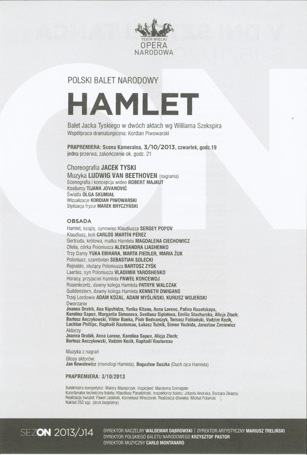 Wkładka obsadowa "Hamlet" Ludwig van Beethoven / Jacek Tyski według Williama Szekspira prapremiera 2013-10-03