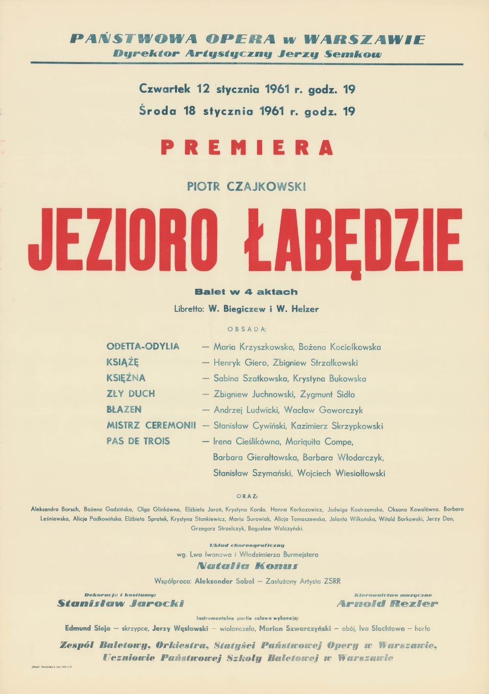 Afisz premierowy. „Jezioro łabędzie” Piotr Czajkowski 1961-01-12