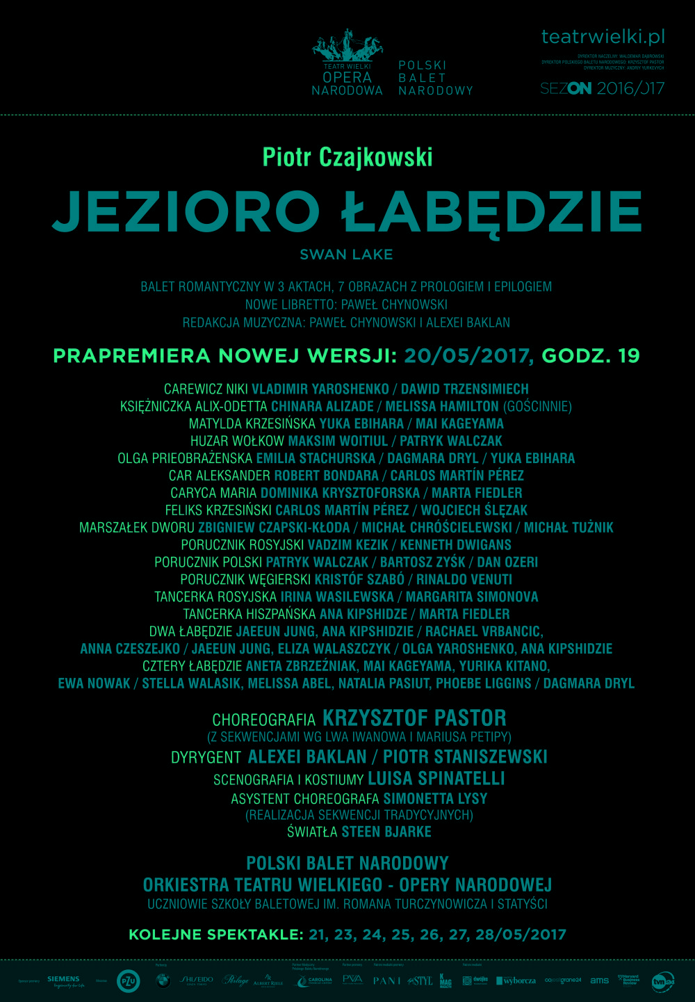 Afisz "Jezioro łabędzie" Piotr Czajkowski / Krzysztof Pastor prapremiera nowej wersji 2017-05-20