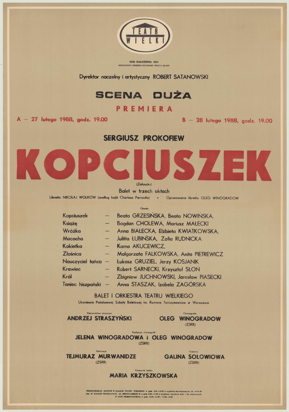 Afisz. „Kopciuszek” Sergiusz Prokofiew 1988-02-28
