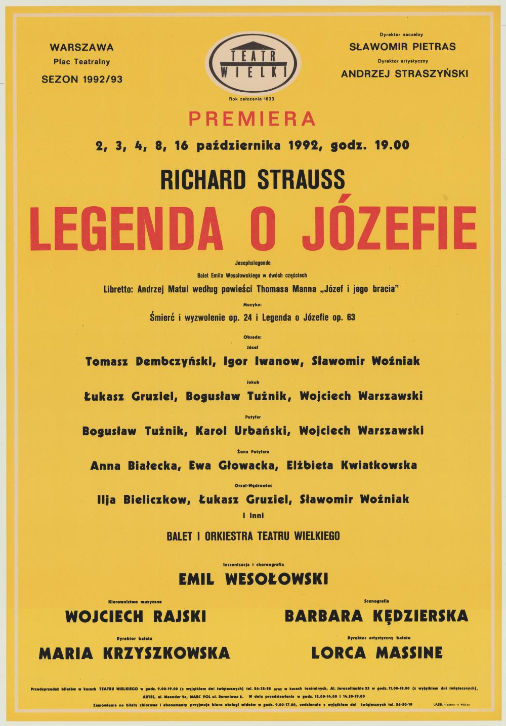 Afisz „Legenda o Józefie” Richard Strauss 1992-10-02, 1992-10-03, 1992-10-04, 1992-10-08, 1992-10-16
