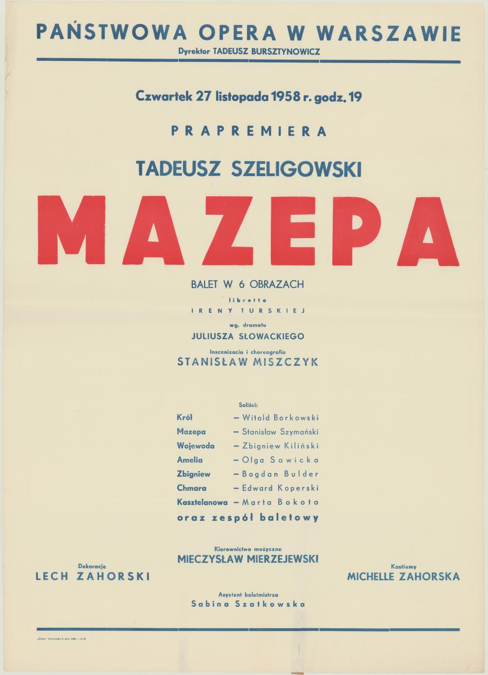 Afisz premierowy. „Mazepa” Tadeusz Szeligowski 1958-11-27
