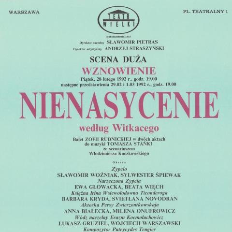 Afisz obsadowy. „Nienasycenie” Tomasz Stańko 1992-02-28