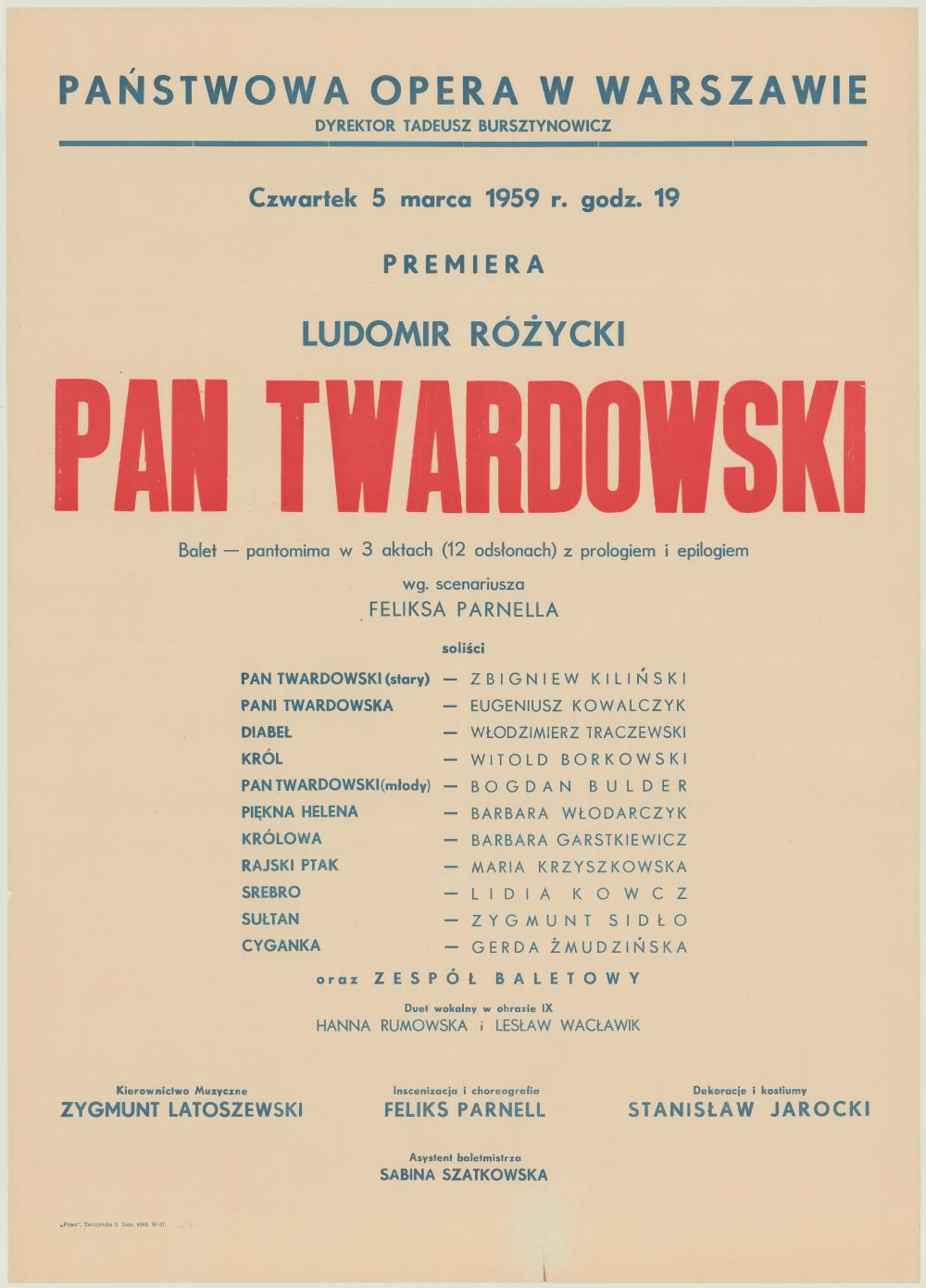 Afisz premierowy. „Pan Twardowski” Ludomir Różycki 1959-03-05