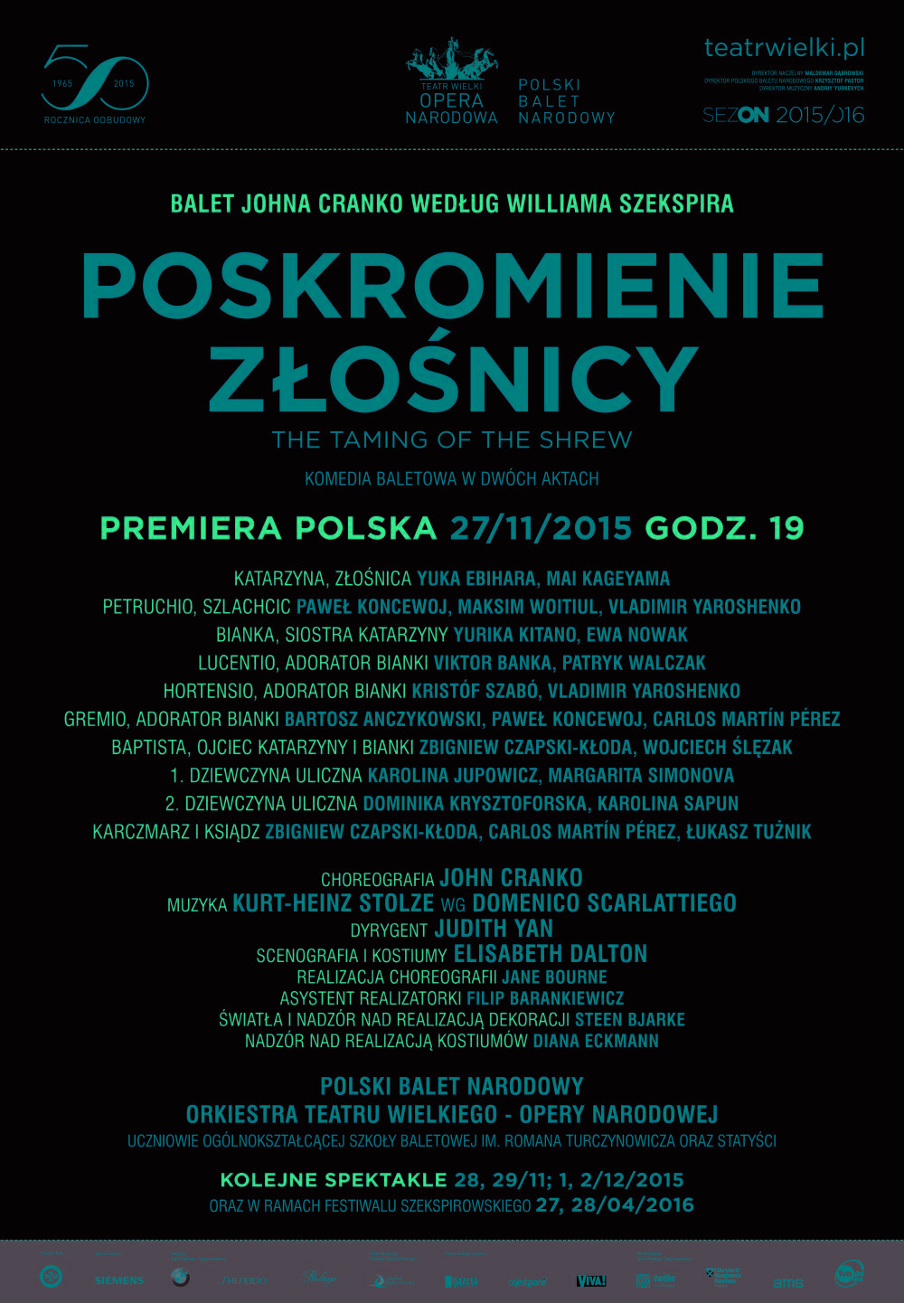 Afisz "Poskromienie złośnicy" John Cranko według Williama Szekspira premiera polska 2015-11-27