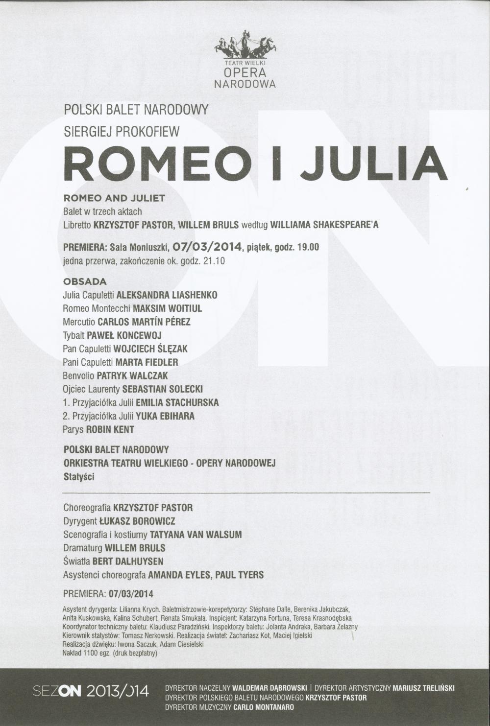 Wkładka obsadowa "Romeo i Julia" Siergiej Prokofiew / Krzysztof Pastor premiera 2014-03-07
