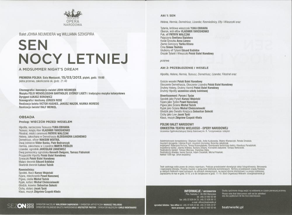 Wkładka obsadowa "Sen nocy letniej" Felix Mendelssohn Bartholdy, György Ligeti / John Neumeier premiera polska 2013-03-15