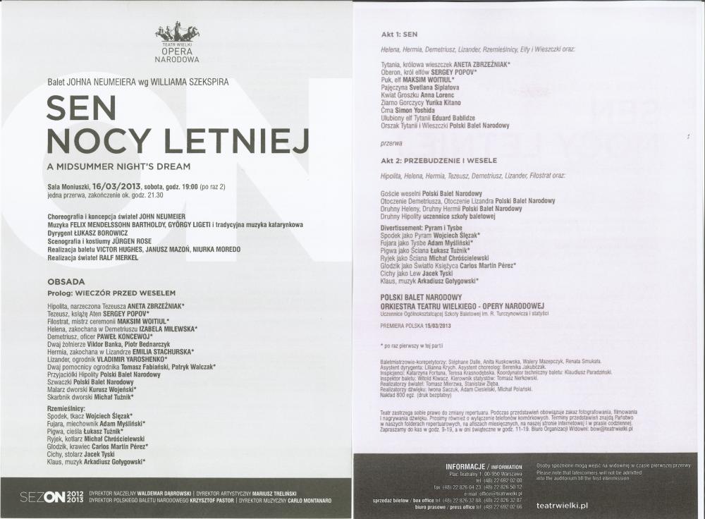 Wkładka obsadowa "Sen nocy letniej" Felix Mendelssohn Bartholdy, György Ligeti / John Neumeier 2013-03-16