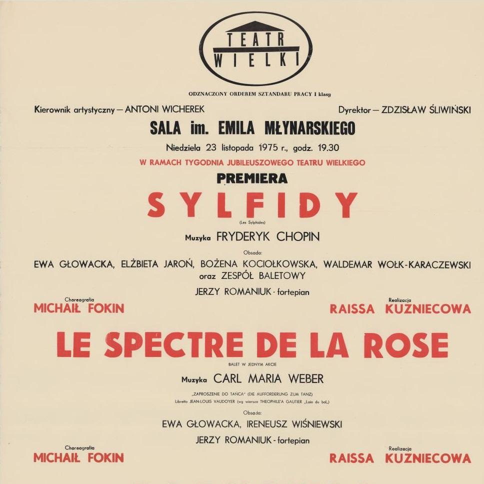 Afisz premierowy wieczoru baletowego Sylfidy / Le spectre de la rose / Karnawał 1975-11-23