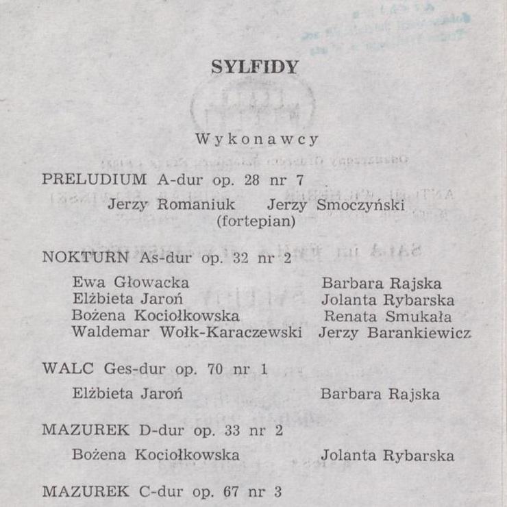 Wkładka obsadowa „Sylfidy” Fryderyk Chopin 1975-11-23