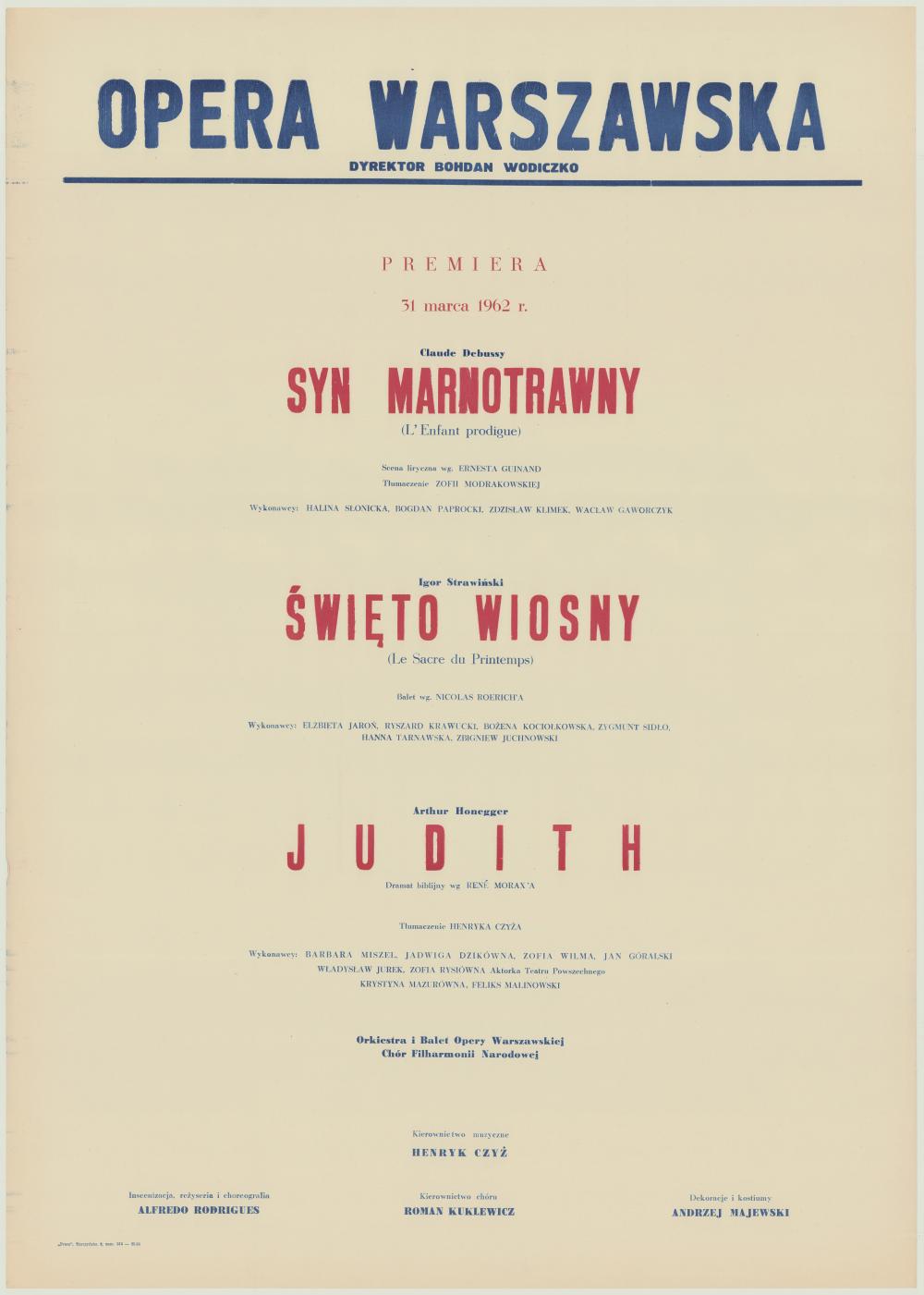 Afisz premierowy. „Syn marnotrawny” Claude Debussy 1962-03-31