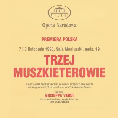 Afisz premierowy „Trzej muszkieterowie” Giuseppe Verdi 1998-11-07