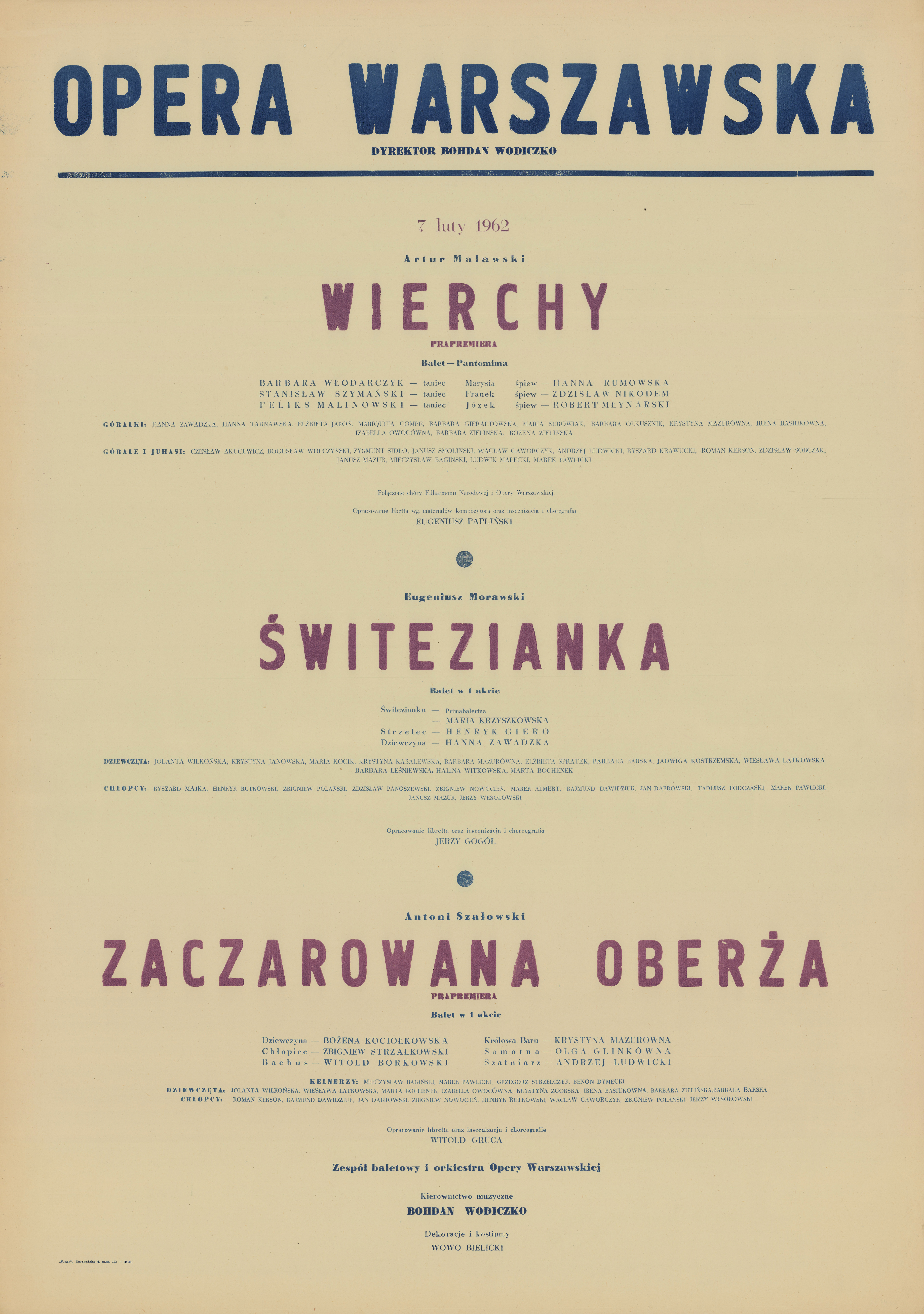 Afisz premierowy „Wierchy”/ „Świtezianka” / „Zaczarowana oberża” 1962-02-07