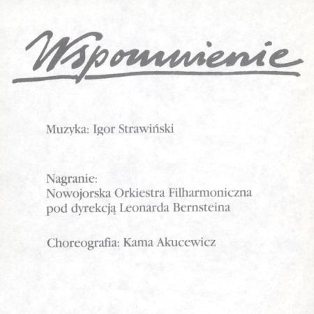 Program baletu „Wspomnienie” Igor Strawiński 1989-05-26